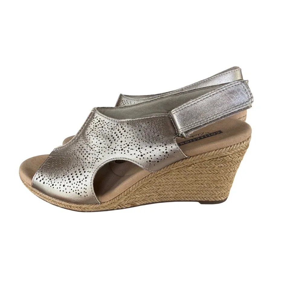 Clarks Collection Petrina Selma Metallic Pewter Wedge Sandals Womens 7.5 M